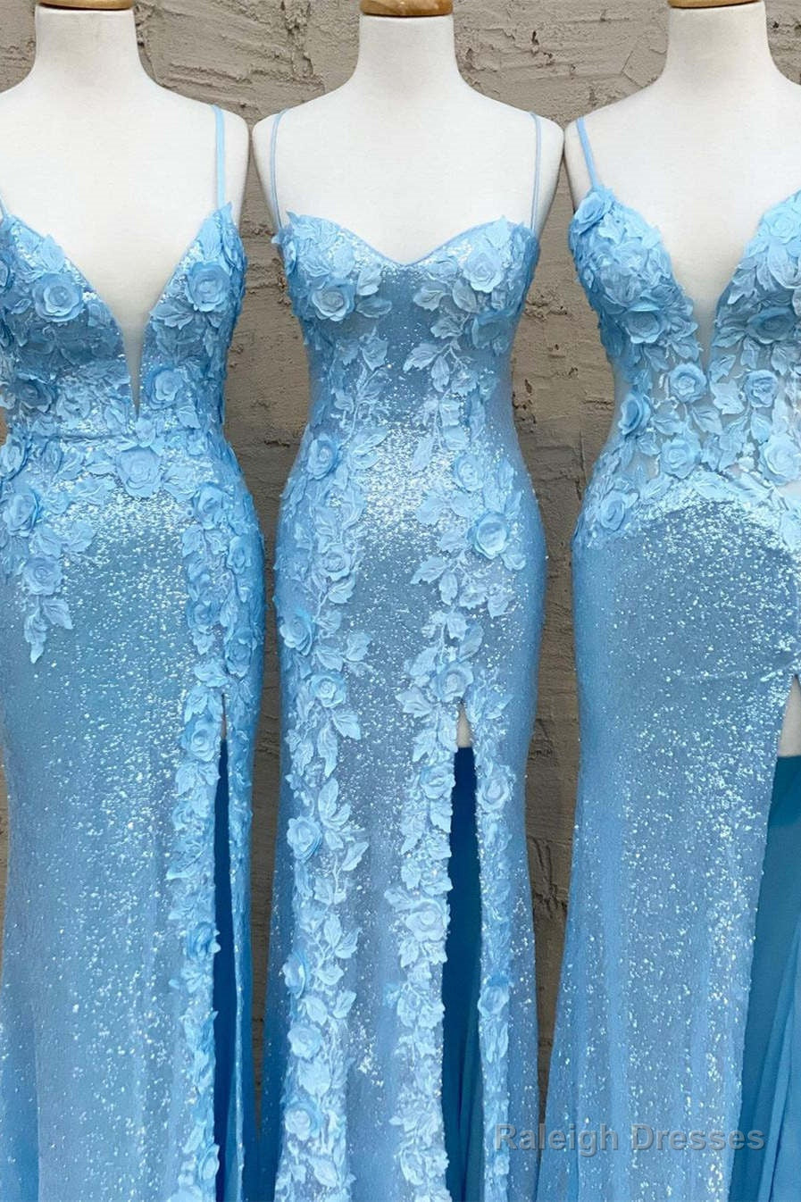 Glitter Sky Blue Sequins Long Prom Dress With Flower Appliques Secondary image