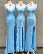 Glitter Sky Blue Sequins Long Prom Dress With Flower Appliques