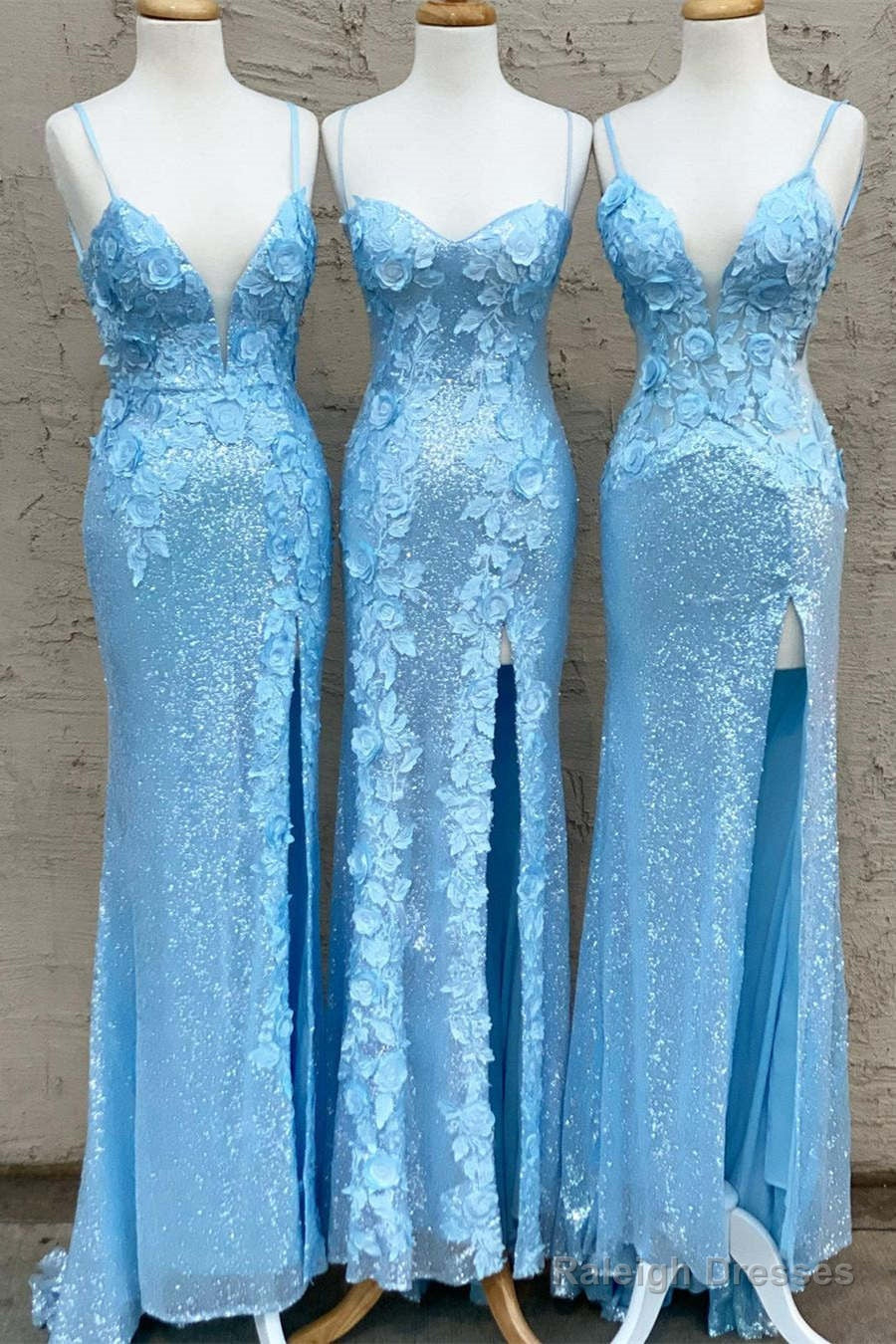 Glitter Sky Blue Sequins Long Prom Dress With Flower Appliques Main image