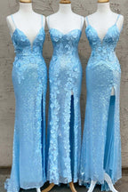 Glitter Sky Blue Sequins Long Prom Dress With Flower Appliques
