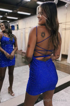 Glitter Spaghetti Straps Royal Blue Lace-up Back Homecoming Dress with Beading