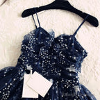 Glitter Stars Sequins Beaded Short Navy Blue Homecoming Prom Dress