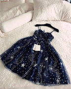 Glitter Stars Sequins Beaded Short Navy Blue Homecoming Prom Dress