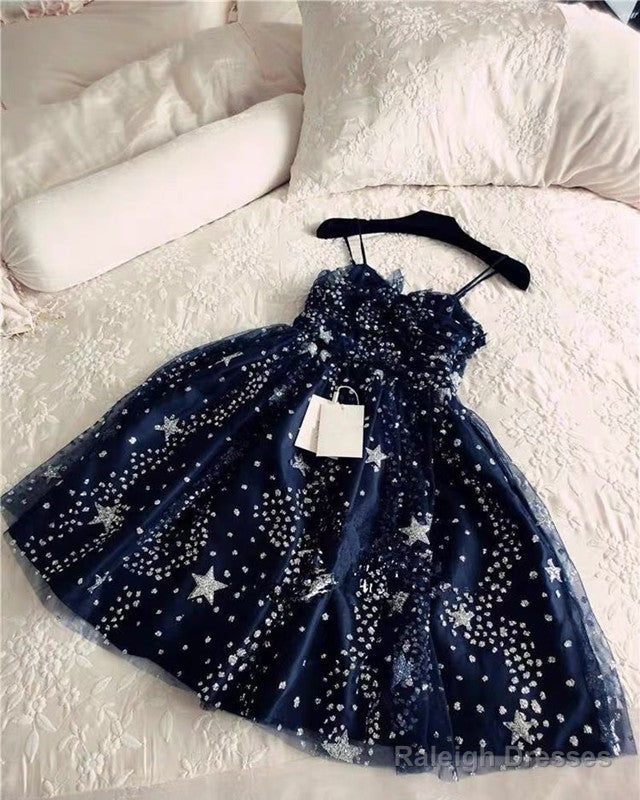 Glitter Stars Sequins Beaded Short Navy Blue Homecoming Prom Dress