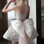 Glitter Strapless Tulle Beaded Mini Birthday Dresses Pink Homecoming Dresses With Bow