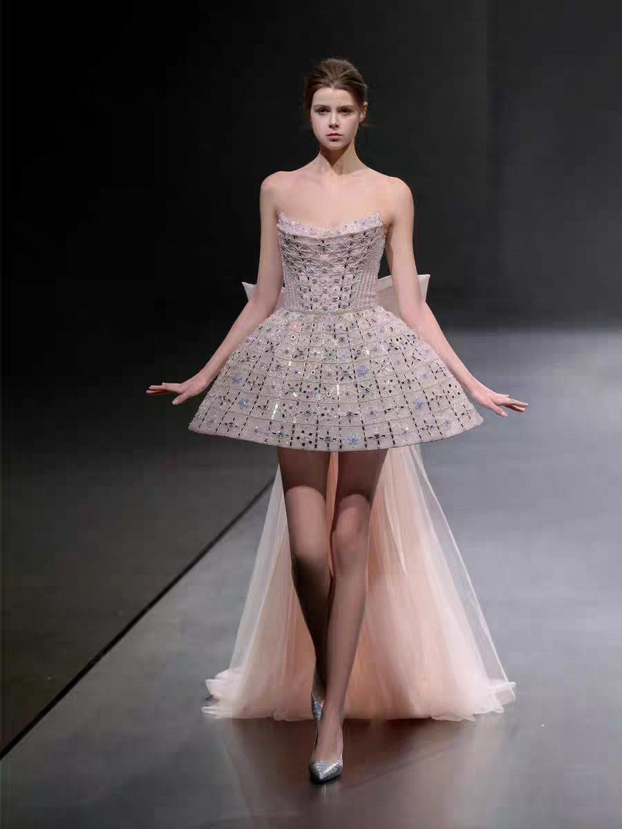 Glitter Strapless Tulle Beaded Mini Birthday Dresses Pink Homecoming Dresses With Bow