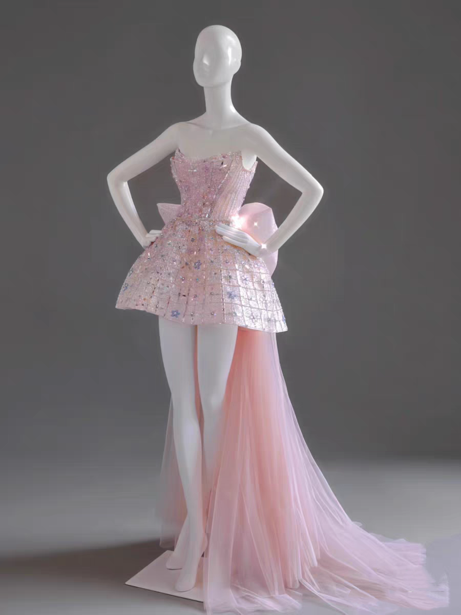 Glitter Strapless Tulle Beaded Mini Birthday Dresses Pink Homecoming Dresses With Bow