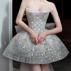 Glitter Strapless Tulle Beaded Mini Birthday Dresses Pink Homecoming Dresses With Bow