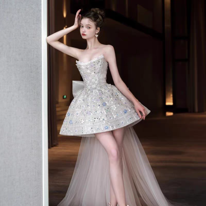 Glitter Strapless Tulle Beaded Mini Birthday Dresses Pink Homecoming Dresses With Bow