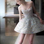 Glitter Strapless Tulle Beaded Mini Birthday Dresses Pink Homecoming Dresses With Bow