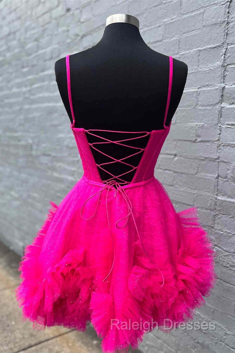 Glitter Straps Hot Pink Ruffle A-Line Homecoming Dress Secondary image
