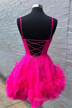 Glitter Straps Hot Pink Ruffle A-Line Homecoming Dress