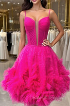 Glitter Straps Hot Pink Ruffle A-Line Homecoming Dress