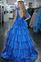 Glitter Tie Straps Pink Plunging Neck Tiered Long Prom Dress