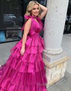 Glitter Tie Straps Pink Plunging Neck Tiered Long Prom Dress