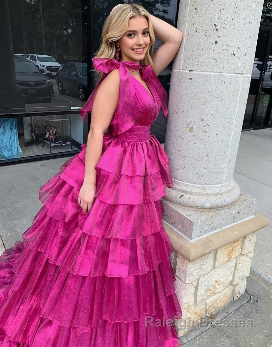 Glitter Tie Straps Pink Plunging Neck Tiered Long Prom Dress