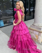 Glitter Tie Straps Pink Plunging Neck Tiered Long Prom Dress