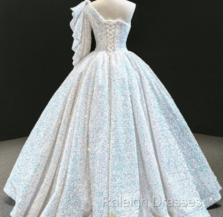 Glitter White Sequin Wedding Dress One Shoulder Ball Gown Quinceanera Dresses Secondary image