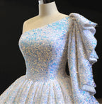 Glitter White Sequin Wedding Dresses One Shoulder Ball Gown Quinceanera Dress