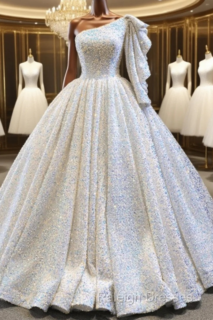 Glitter White Sequin Wedding Dresses One Shoulder Ball Gown Quinceanera Dress Main image