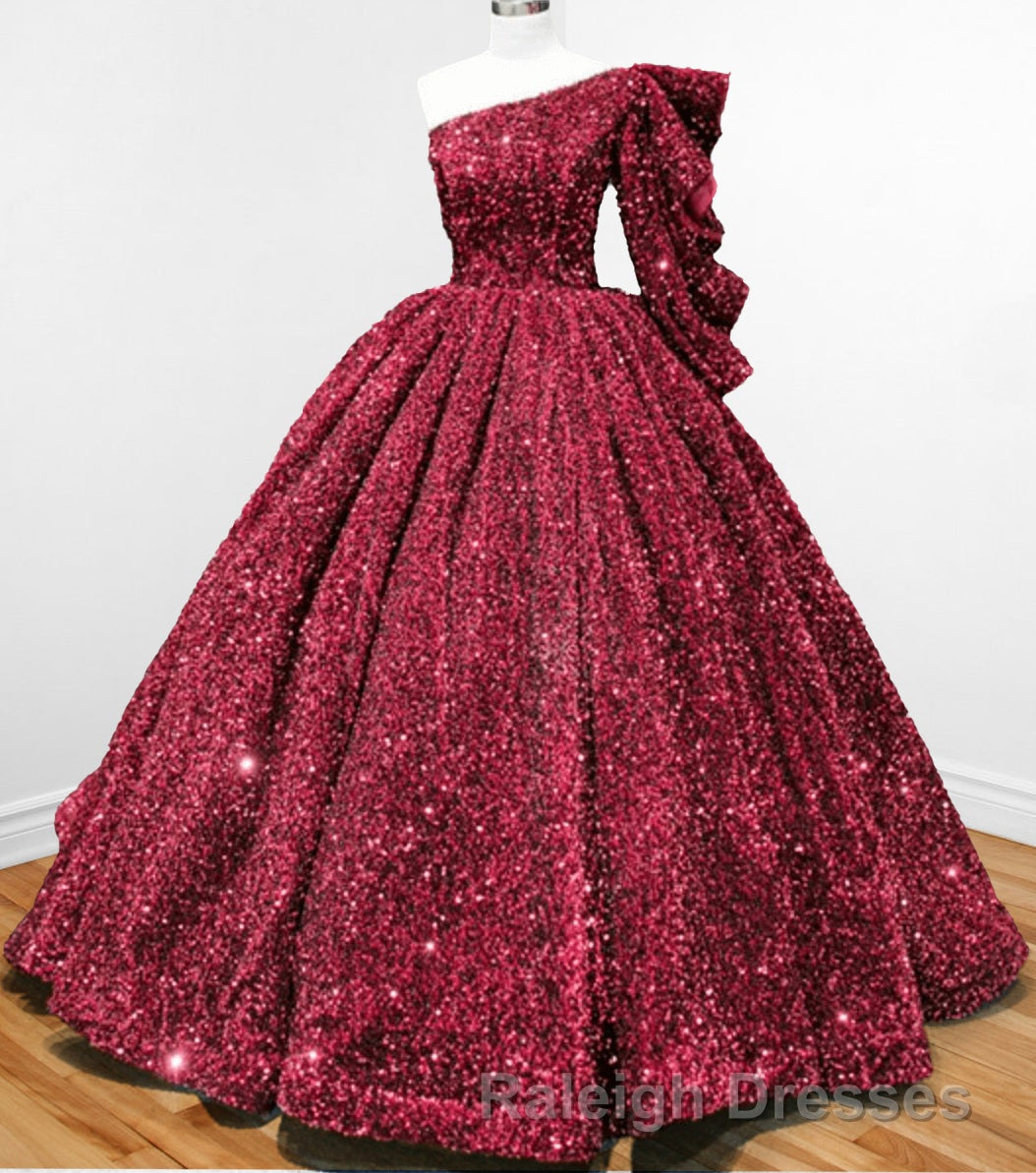 Glitter White Sequined One Shoulder Ball Gown Quinceanera Dress