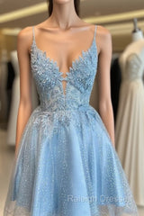 Glittering Beaded Short A-line Tulle Homecoming Dress with Appliqued