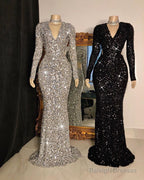 Glittering Crystal Sequins Long Sleevess V-Neck Mermaid Prom Dresses