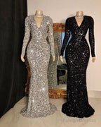 Glittering Crystal Sequins Long Sleevess V-Neck Mermaid Prom Dress