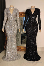 Glittering Crystal Sequins Long Sleevess V-Neck Mermaid Prom Dress