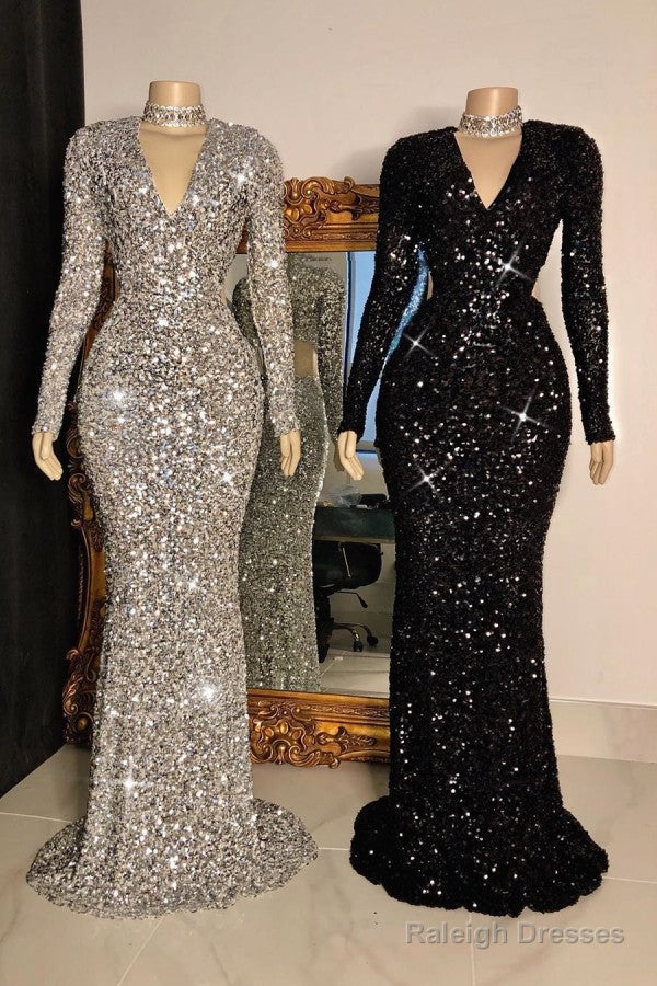 Glittering Crystal Sequins Long Sleevess V-Neck Mermaid Prom Dress