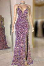 Glittering Spaghetti-Straps Sequins Prom Dress Mermaid Sleeveless With Slit