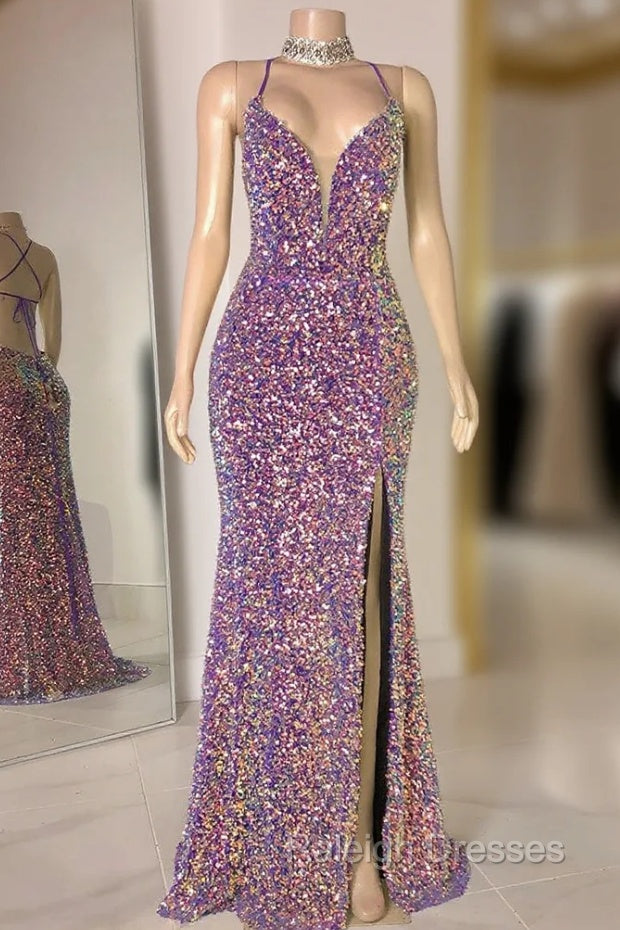Glittering Spaghetti-Straps Sequins Prom Dress Mermaid Sleeveless With Slit