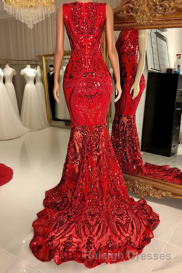 Glittery Long Red Mermaid Sleeveless Prom Dresses Sequin