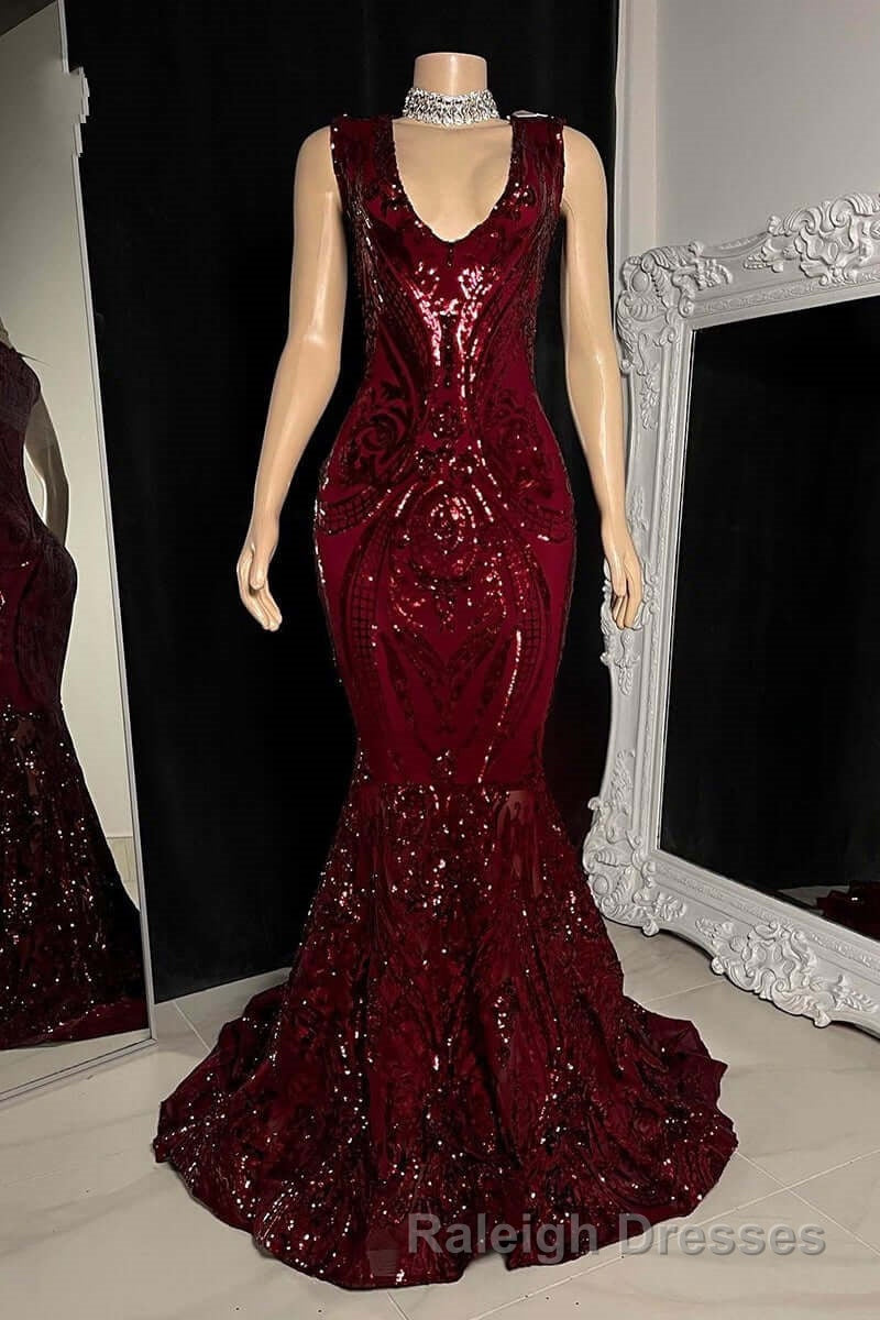 Glittery Long Red Mermaid Sleeveless Prom Dress Sequin