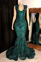 Glittery Long Red Mermaid Sleeveless Prom Dress Sequin