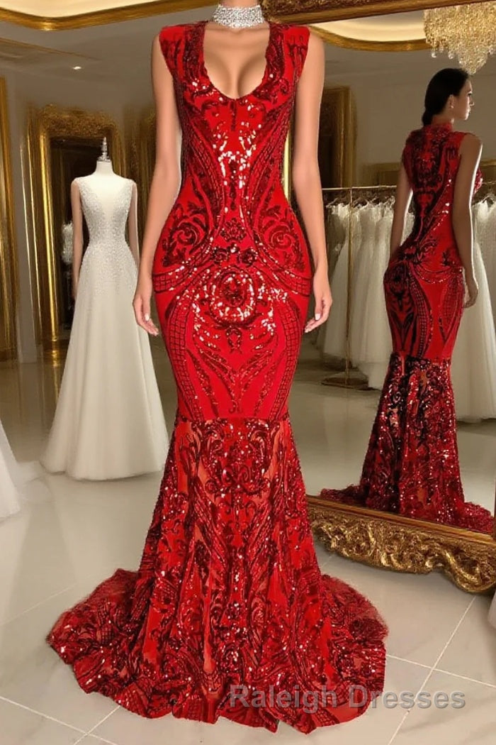 Glittery Long Red Mermaid Sleeveless Prom Dress Sequin Main image