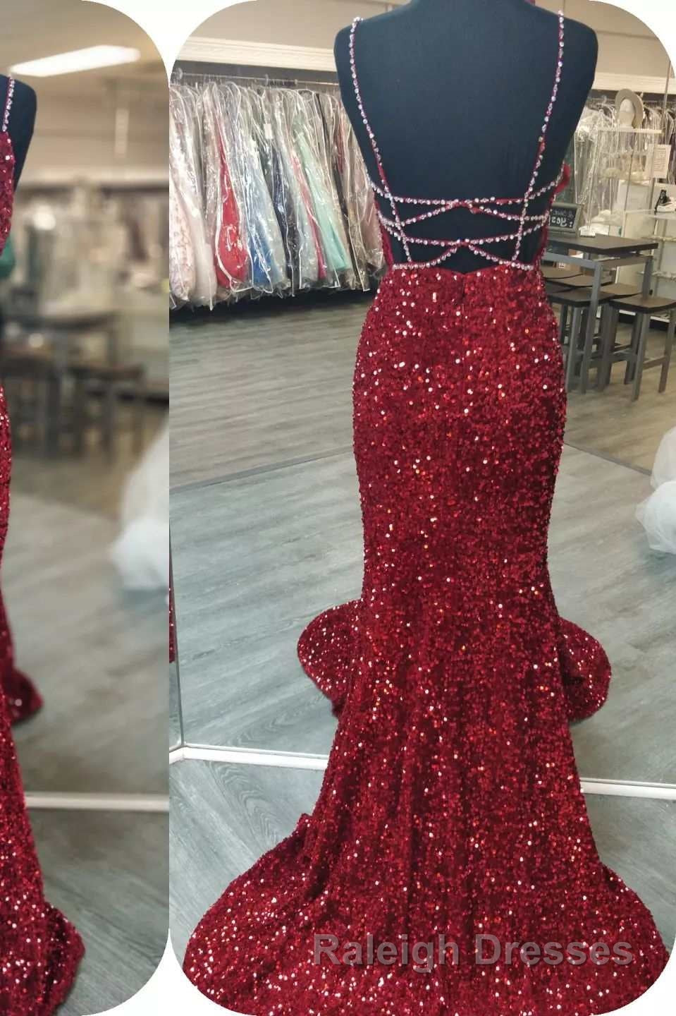 Glittery Mermaid Red Sequin V Neck Lace-Up Back Prom Dresses Gala Gown Secondary image