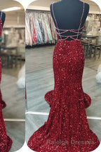 Glittery Mermaid Red Sequin V Neck Lace-Up Back Prom Dresses Gala Gown