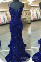 Glittery Mermaid Red Sequin V Neck Lace-Up Back Prom Dresses Gala Gown
