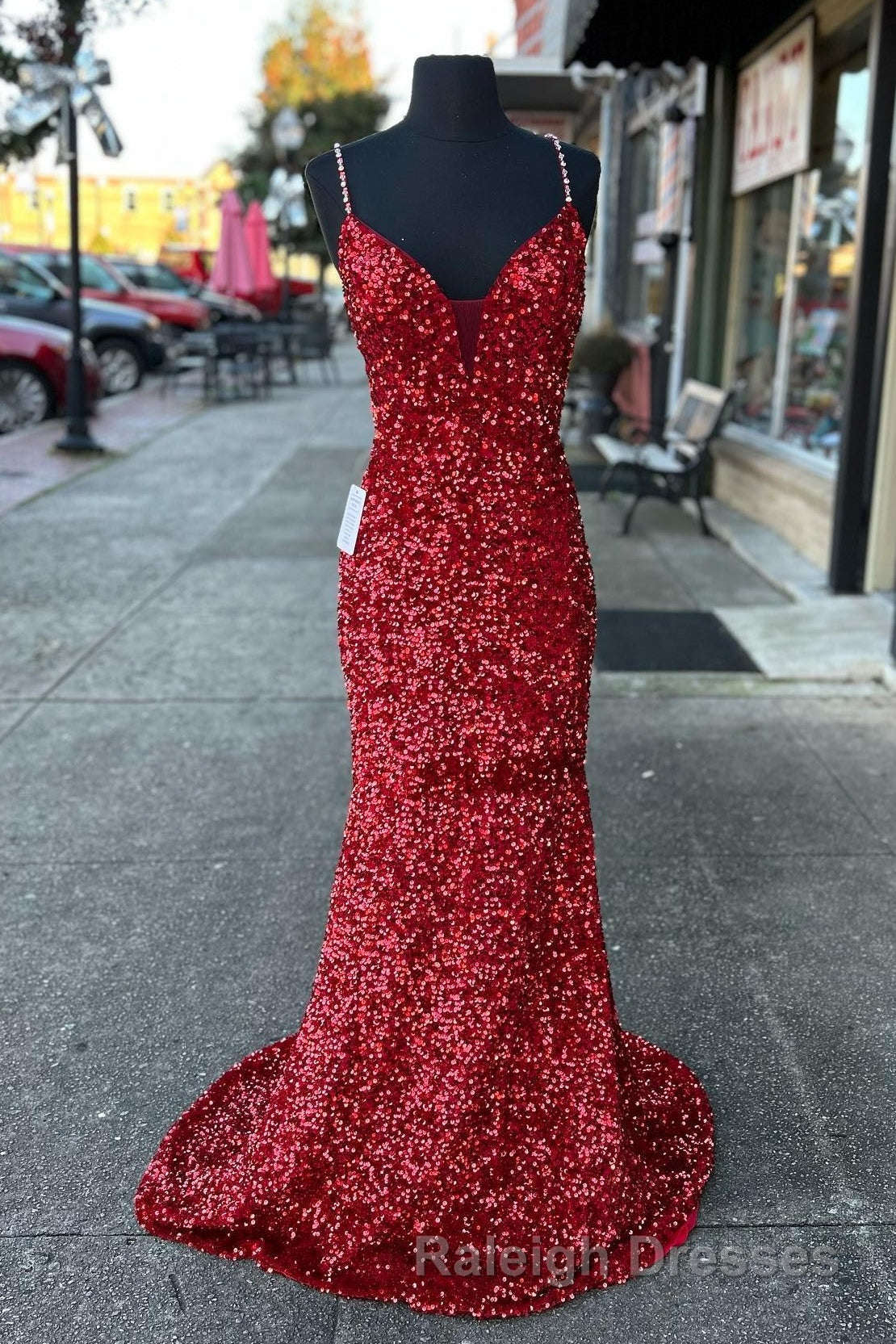 Glittery Mermaid Red Sequin V Neck Lace-Up Back Prom Dresses Gala Gown