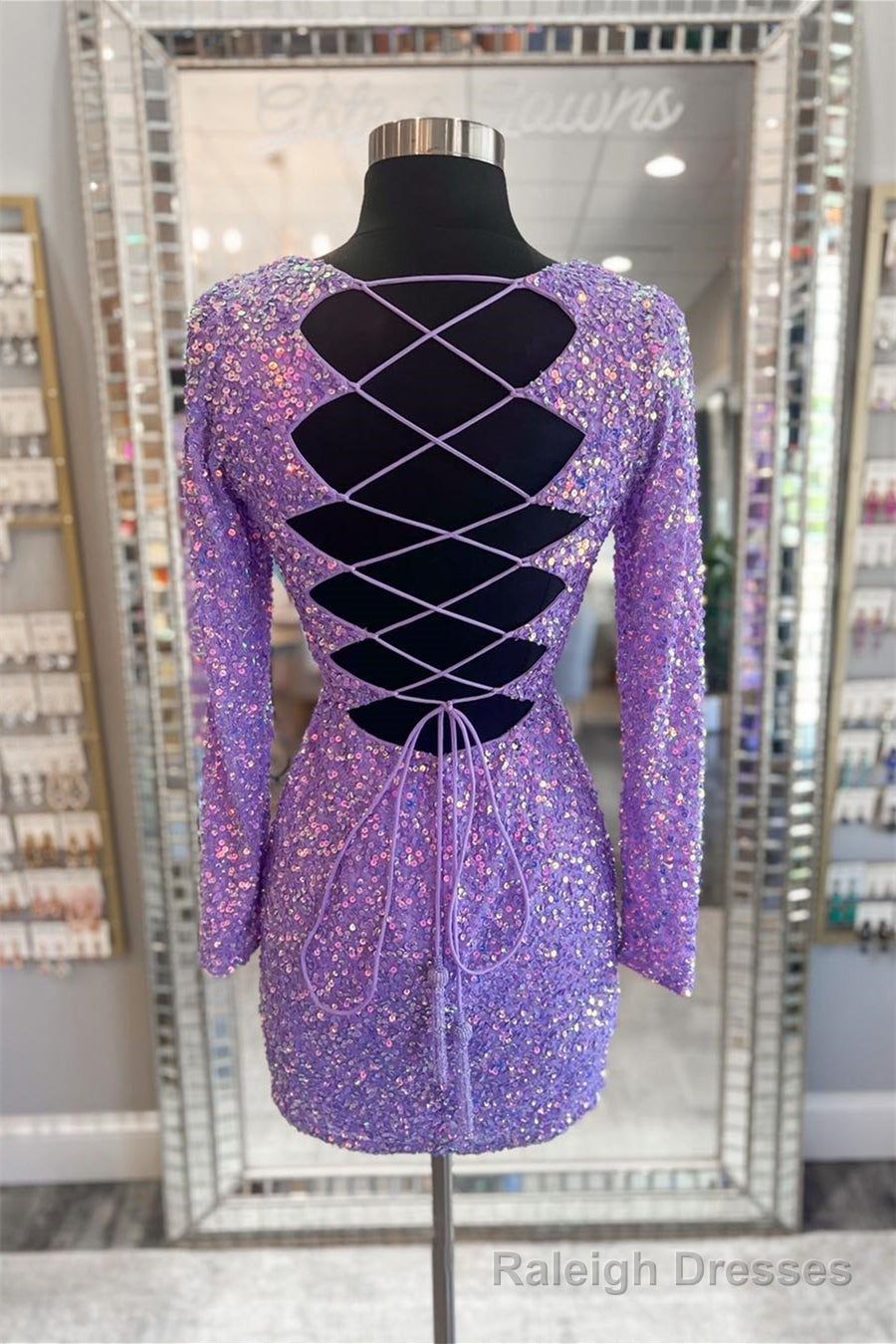 Purple Lace-Up Sequins Plunging V Neck Long Sleeves Sheath Homecoming Dress Secondary image