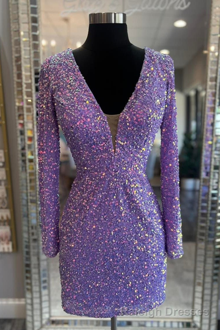 Purple Lace-Up Sequins Plunging V Neck Long Sleeves Sheath Homecoming Dress Main image