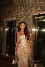 Glowing Champagne Square Mermaid Straps Prom Dresses Sequins Sleeveless With Beads