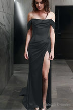 Sheath Off-the-Shoulder Sweep Train Silk like Satin Prom Dresses With Leg Slit