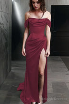 Sheath Off-the-Shoulder Sweep Train Silk like Satin Prom Dresses With Leg Slit