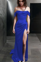Sheath Off-the-Shoulder Sweep Train Silk like Satin Prom Dresses With Leg Slit