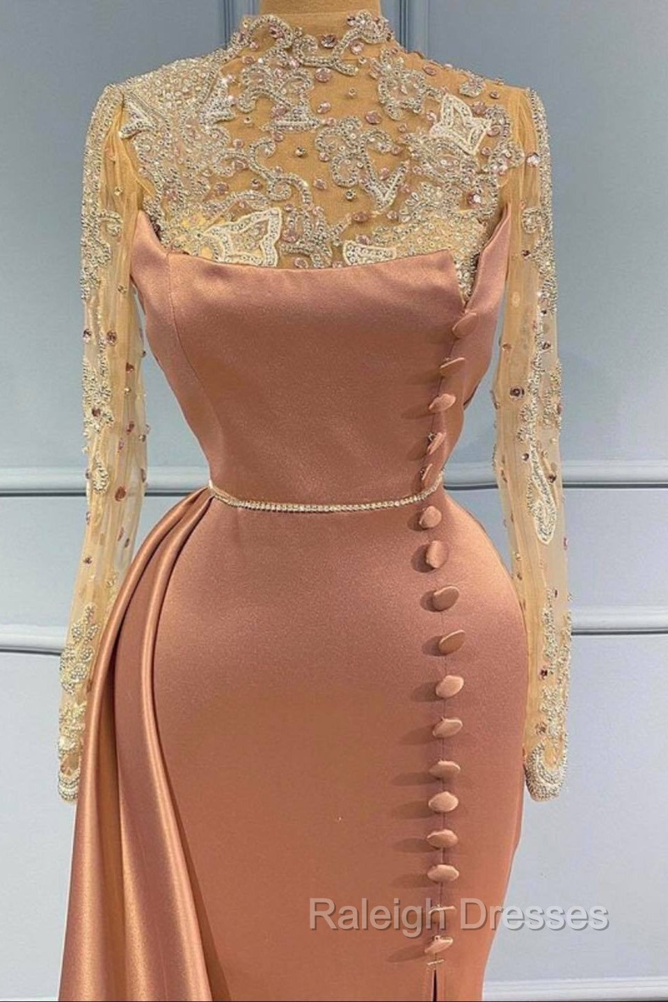 Goegeous Long Sleeves Mermaid Prom Dress Lace High-Neck With Buttons