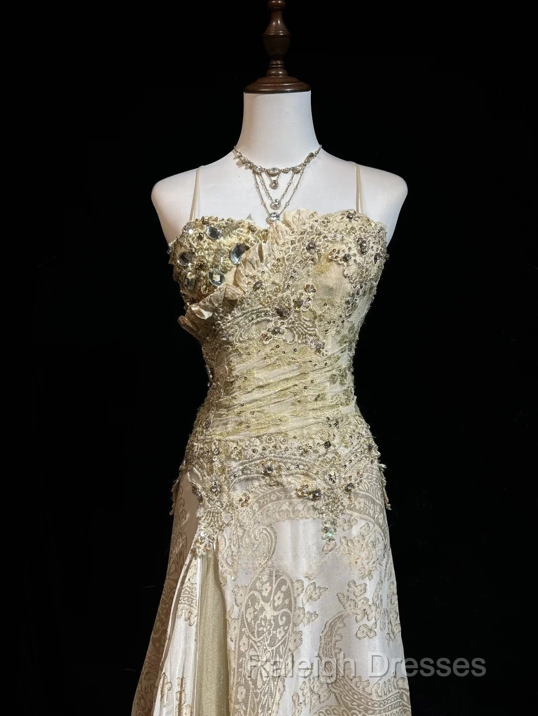 Gold A-Line Spaghetti Strap Satin Lace Long Prom Dress With Beaded Appliques Secondary image