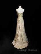 Gold A-Line Spaghetti Strap Satin Lace Long Prom Dress With Beaded Appliques