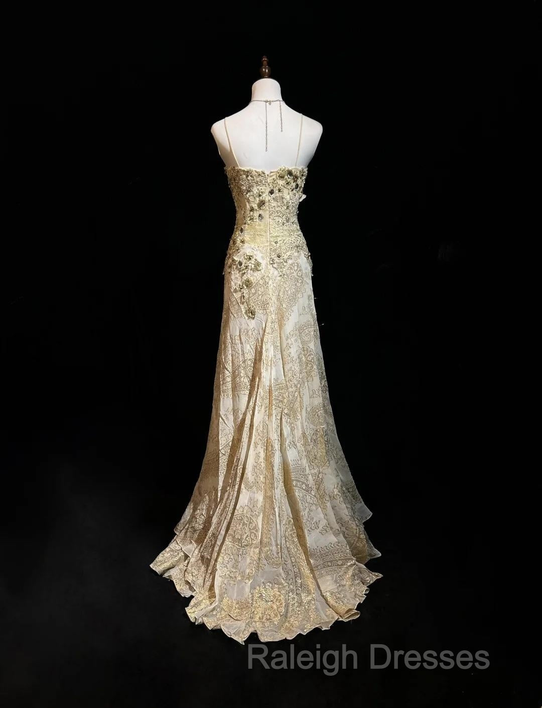 Gold A-Line Spaghetti Strap Satin Lace Prom Dresses Long With Beaded Appliques